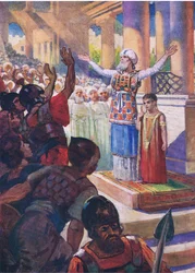 Le garçon Joas couronné roi, tiré de The Bible Picture Book publié par Thomas Nelson, vers 1950